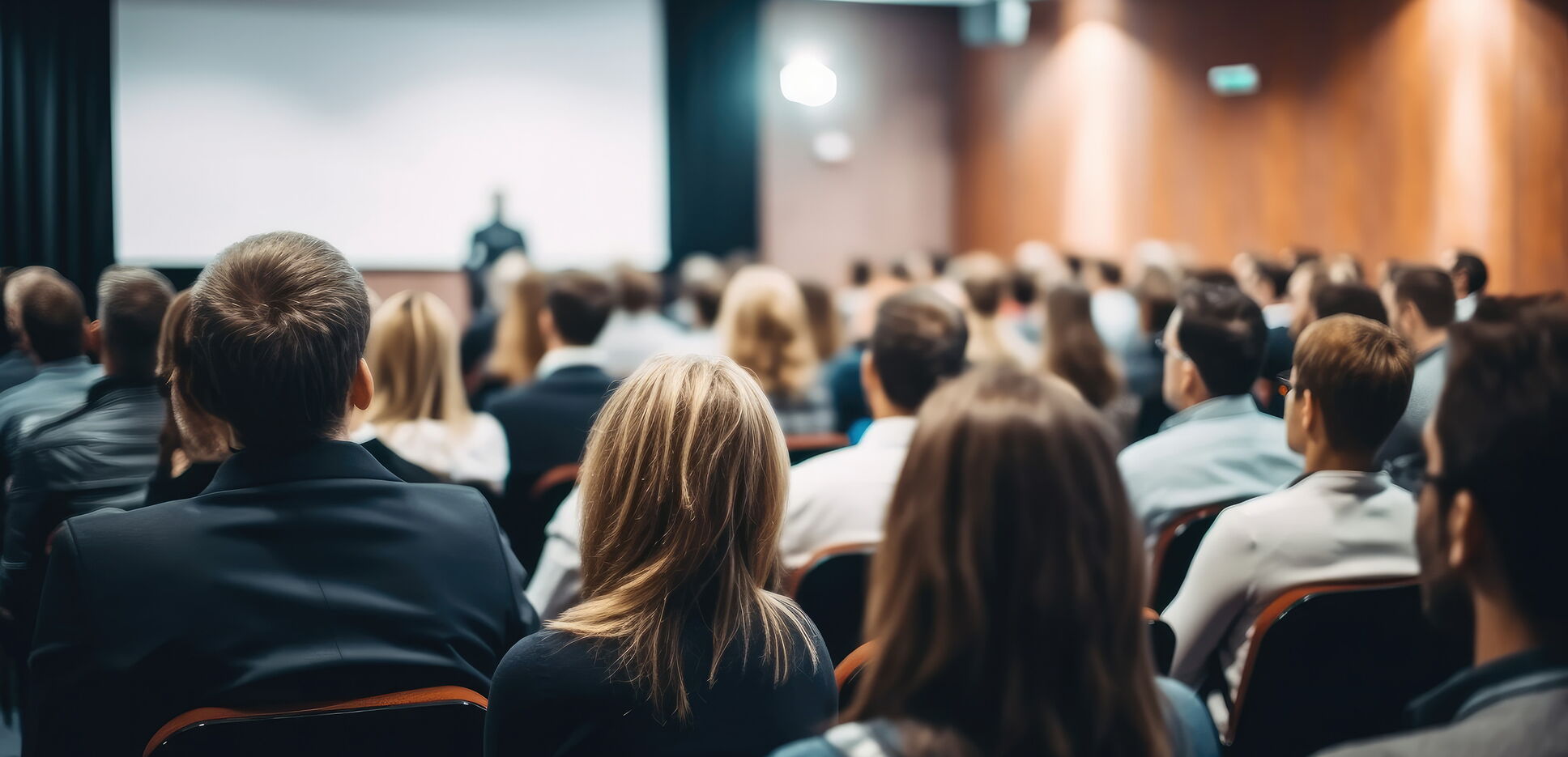Publikum von hinten in einem Konferenzsaal blickt auf eine Bühne mit Leinwand.