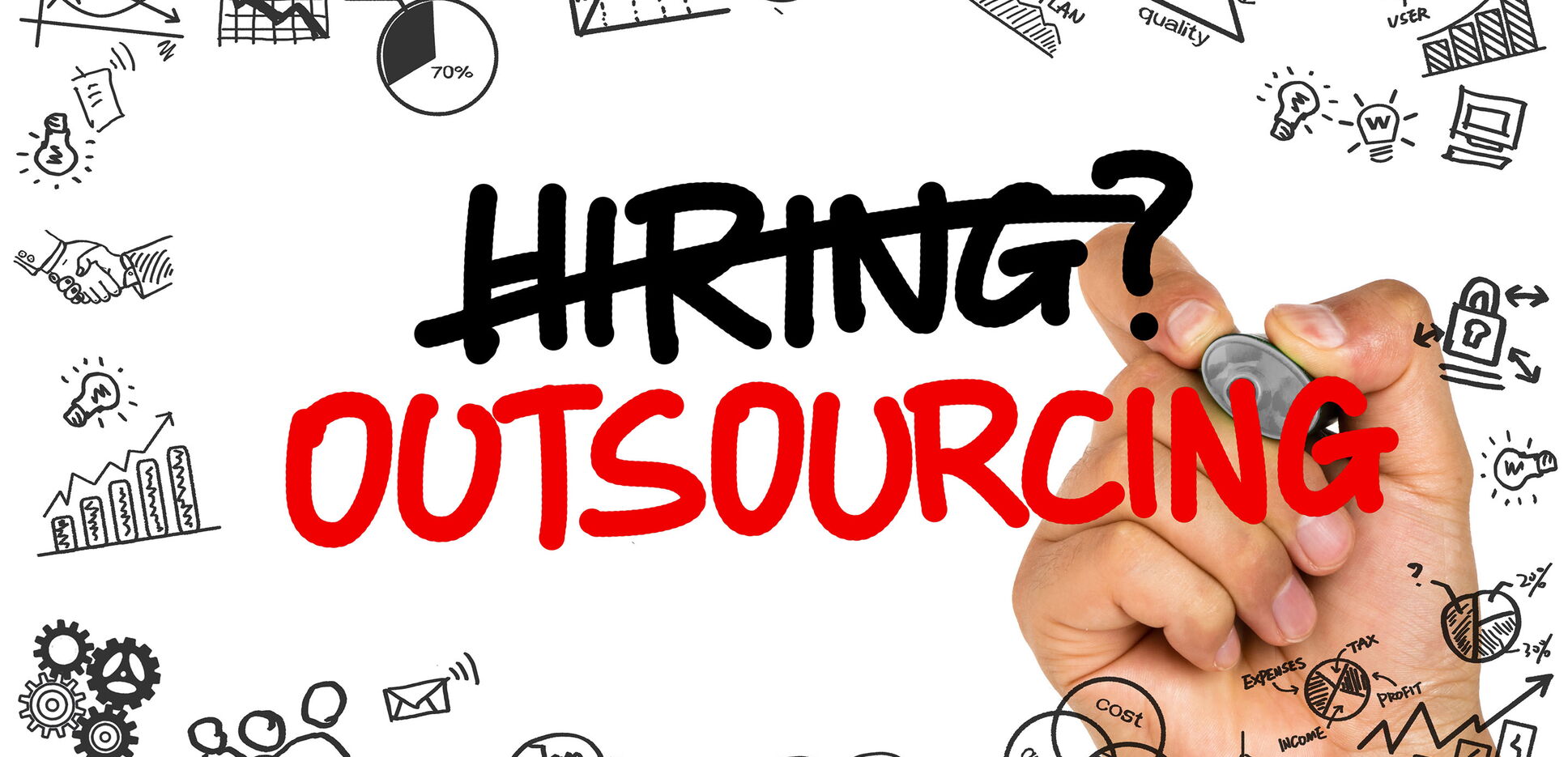 Einstellungs- oder Outsourcing-Konzept handschriftlich auf Whiteboard
