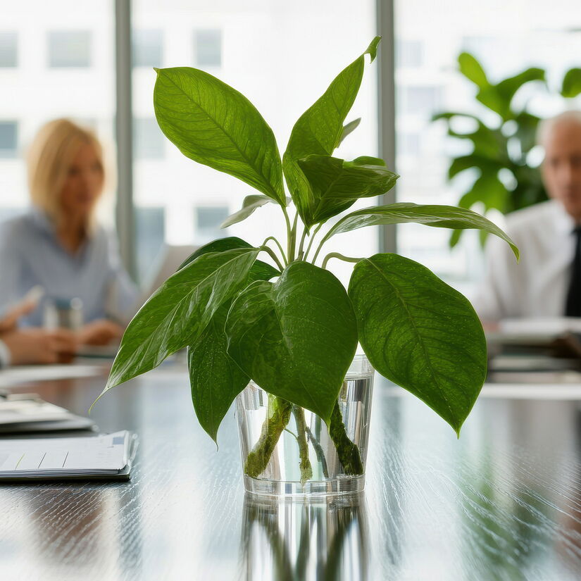 Grüne Pflanze in Glasvase auf Konferenztisch, im Hintergrund Geschäftstreffen mit Fokus auf Nachhaltigkeit im Unternehmenskontext.