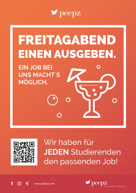 Plakat mit Text: Freitagabend einen ausgeben. Ein Job bei uns macht's möglich. Wir haben für jeden Studierenden den passenden Job!